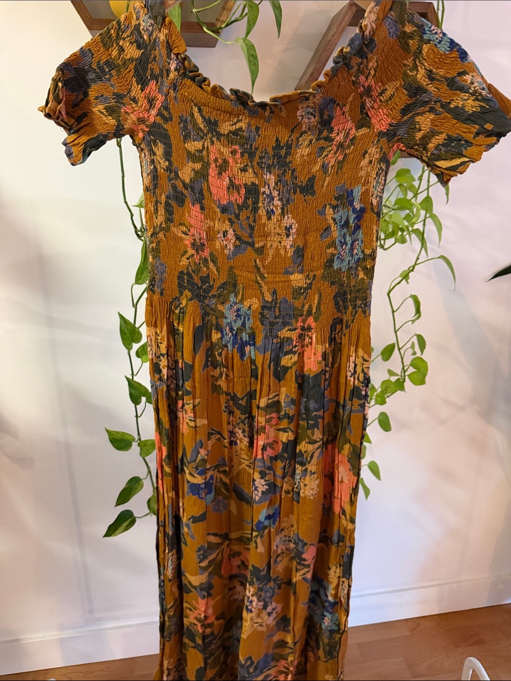 Kimchi Blue Mustard Floral Maxi Dress with Blue and Pink Accents - Picture 6 of 6